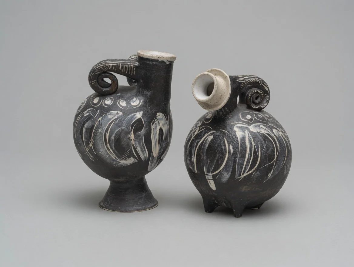 Two abstracted ceramic bird forms in Oaxacan-style blackware with white slip detailing.